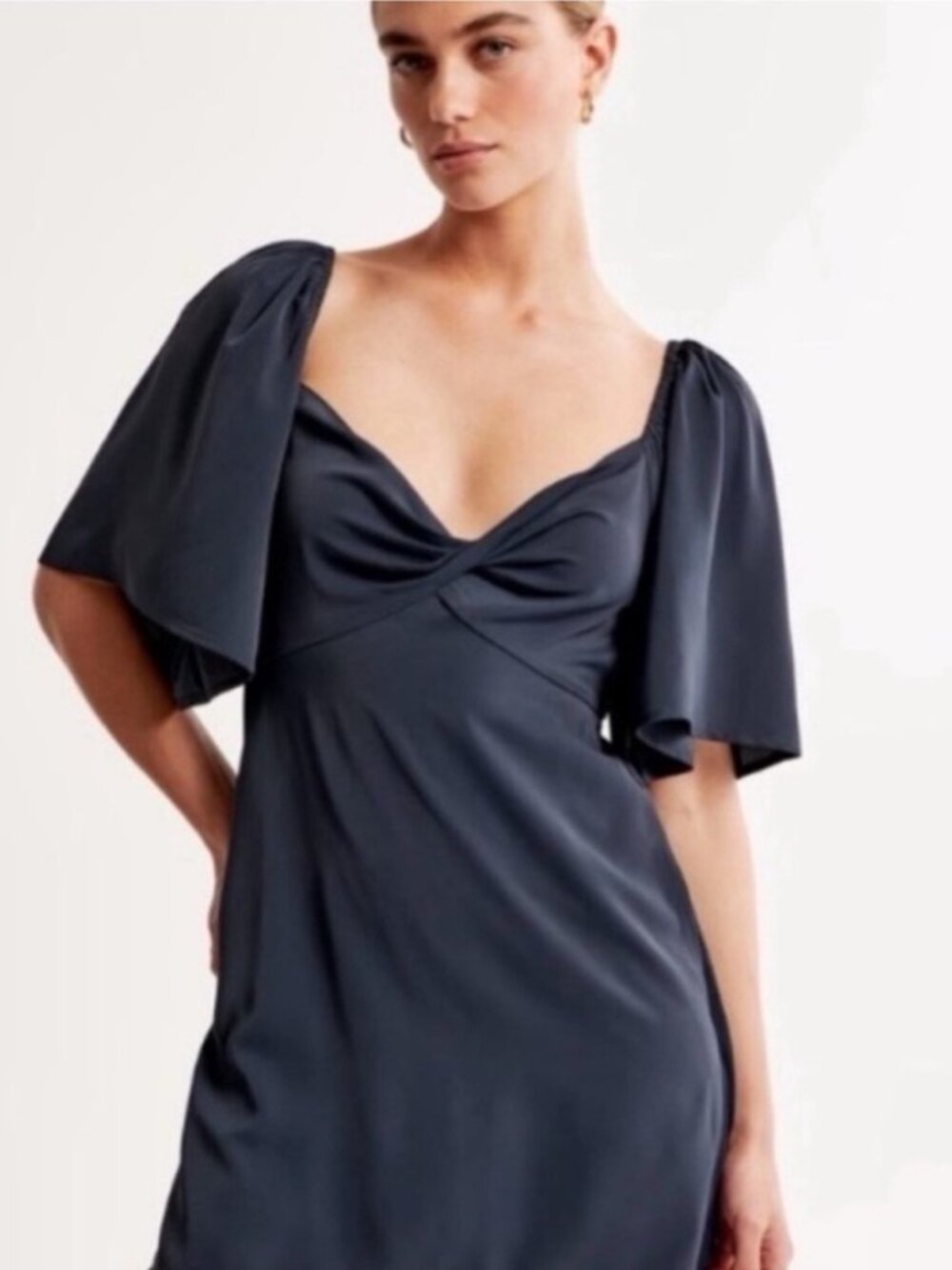 Abercrombie & Fitch Petite Navy Puff Sleeve Twist Front Bow Back A-Line Dress L